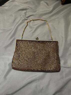 Vintage Walborg Copper Beaded Evening Clutch Bag with Gold Chain Strap